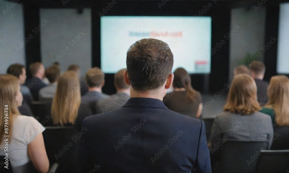 An image of a man sitting in a room with his back to the camera, watching a presentation . An image of a man sitting in a room with his back to the camera, watching a presentation .