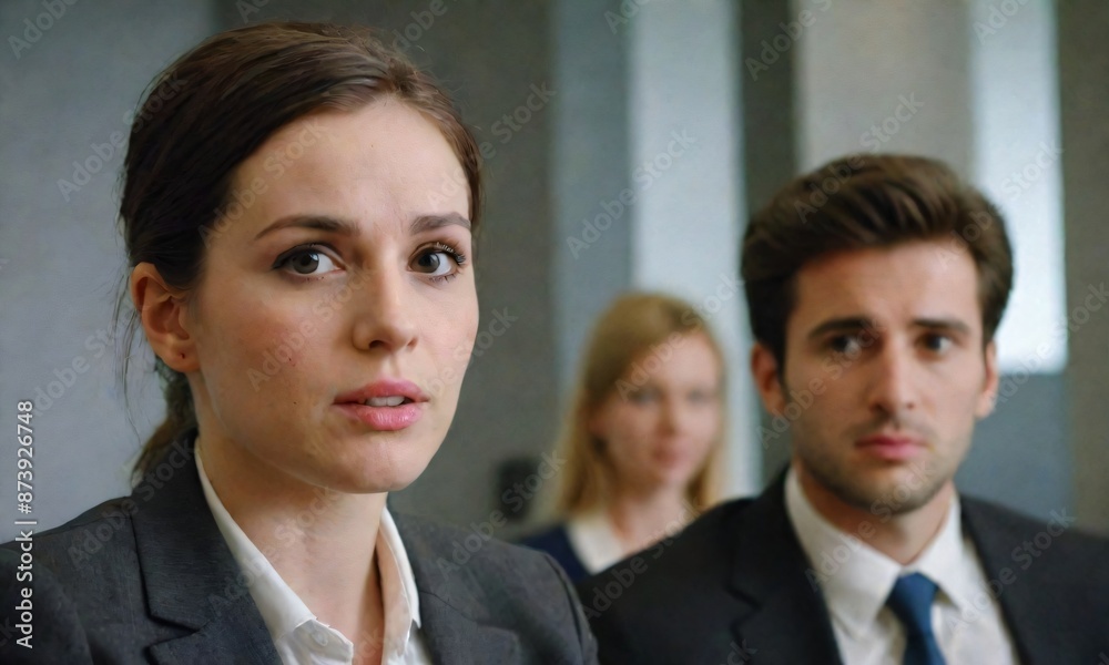 An image of a woman and a man in suits An image of a woman and a man in suits