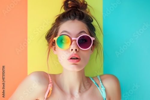 A startled portrait of a woman with glasses