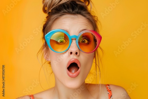 A startled portrait of a woman with glasses