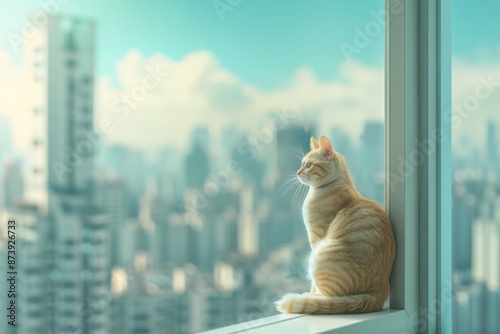 A cat is sitting on a window sill looking out at the city