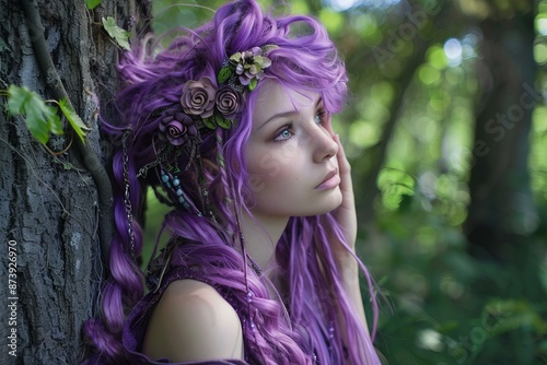 Enchanting and mystical purplehaired forest fairy with floral crown in a whimsical and imaginative woodland setting photo