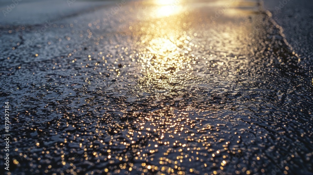 Sunlight reflection on wet asphalt road Sun shines on the textured surface of a damp road Sunlight reflection on wet asphalt road Sun shines on the textured surface of a damp road