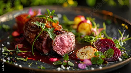 Tender slowroasted wild boar served on a platter of foraged greens and herbs accompanied by a side of tangy apple and beetroot relish. photo