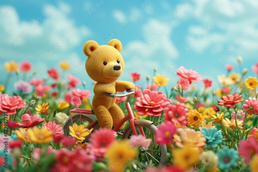 Fototapeta premium A teddy bear is riding a bicycle in a field of flowers