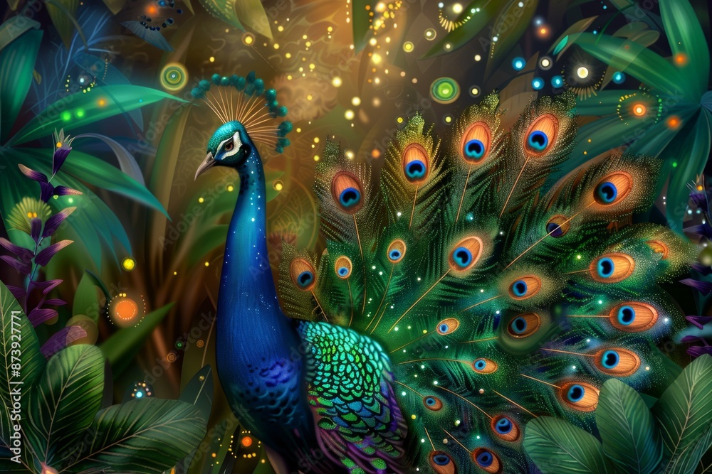 Fototapeta premium A magnificent peacock with its feathers fully spread, displaying vibrant colors and detailed patterns