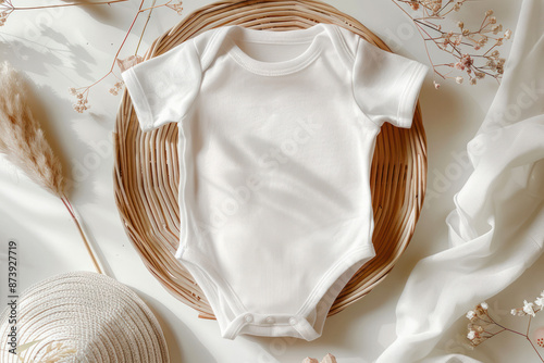 White Baby Bodysuit Mockup on Wicker Plate