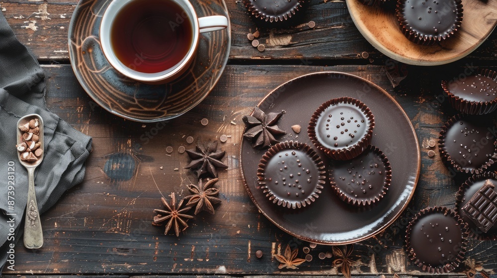 Tasty choco pies and tea on wooden table, flat lay Tasty choco pies and tea on wooden table, flat lay