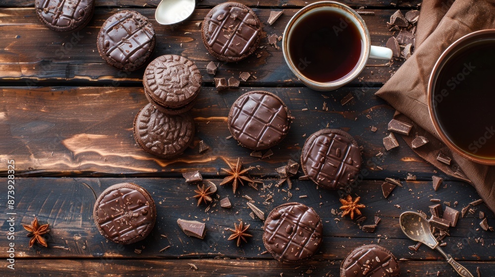 Tasty choco pies and tea on wooden table, flat lay