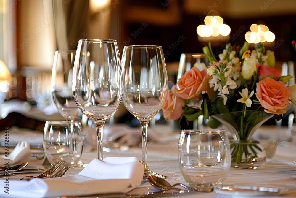 Beautifully set table with elegant cutlery and crystal wine glasses, ready for an upscale dining experience in a sophisticated restaurant setting.