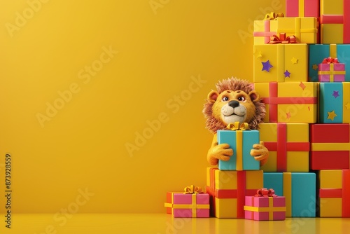 A colorful box of presents is piled on top of a yellow background
