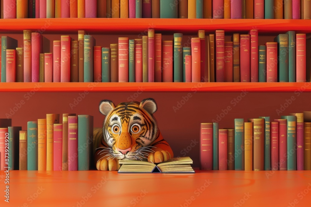 A tiger is hiding in a bookshelf A tiger is hiding in a bookshelf