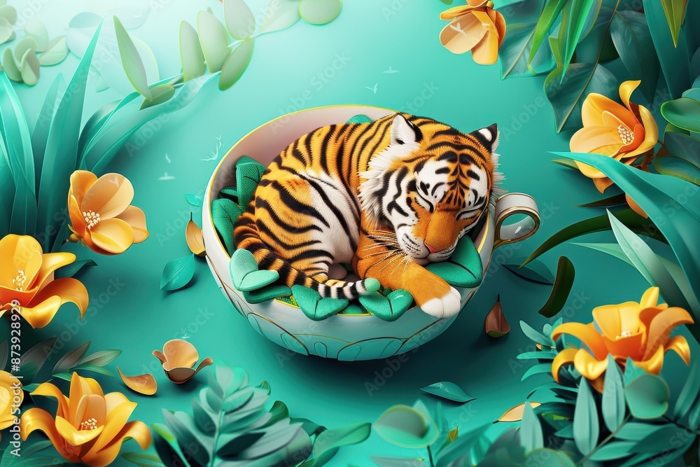 Fototapeta premium A tiger is sleeping in a cup with flowers around it