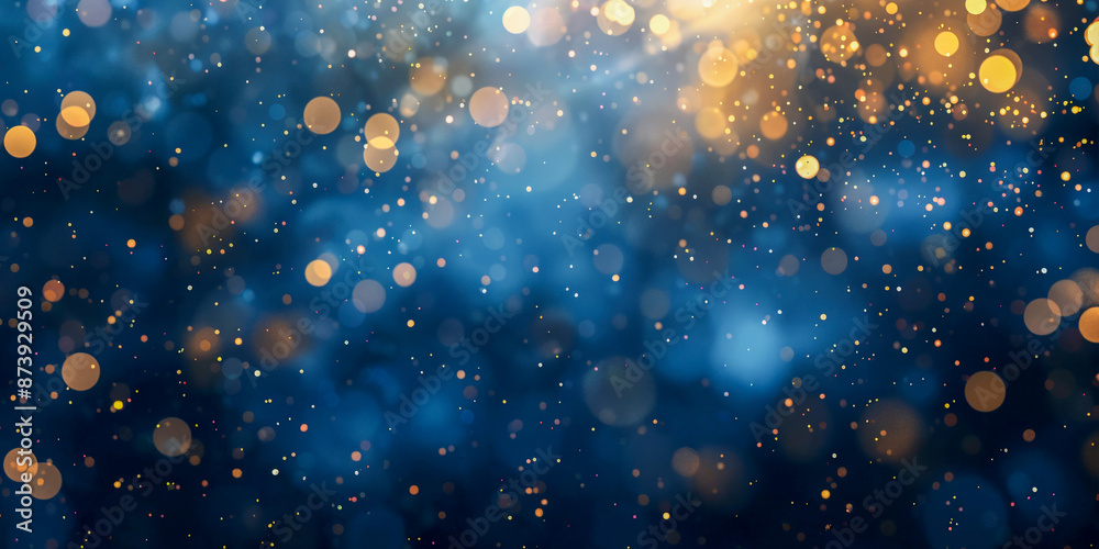 Abstract blue and gold glitter background with bokeh lights. Gold particles flying in the air on dark blue background. Christmas, New Year, wedding or other celebration concept. Abstract blue and gold glitter background with bokeh lights. Gold particles flying in the air on dark blue background. Christmas, New Year, wedding or other celebration concept.