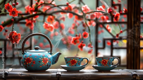 chinese tea ceremony, chinese tea set on a table, set for a mid-autumn festival tea ceremony, complete with teapot and cups for a festive celebration photo