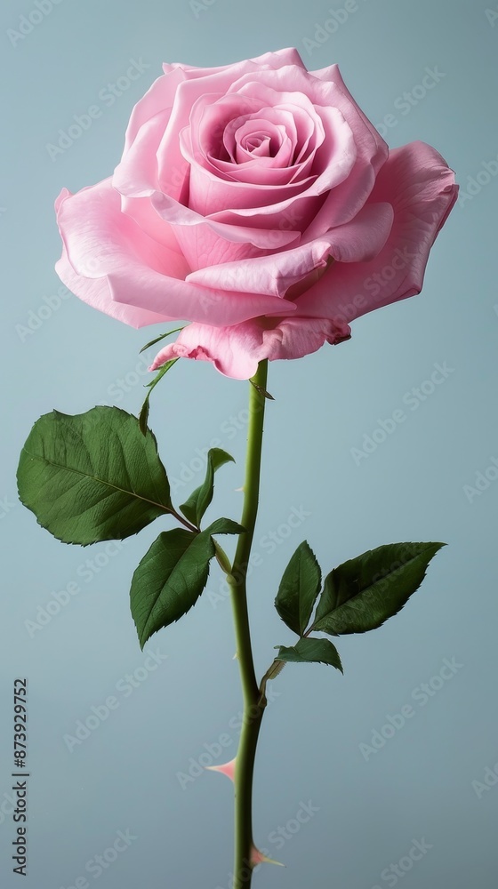 Fototapeta premium A visually captivating image of a pink rose, captured in sharp detail against a subtle studio backdrop. The soft, natural lighting enhances the flower's delicate features and radiant color, offering