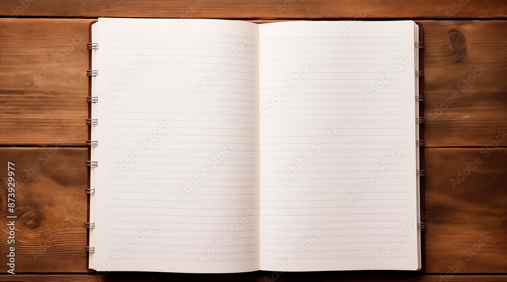 Open notebook with blank pages on wood textured background, top view. Mockup for design Open notebook with blank pages on wood textured background, top view. Mockup for design