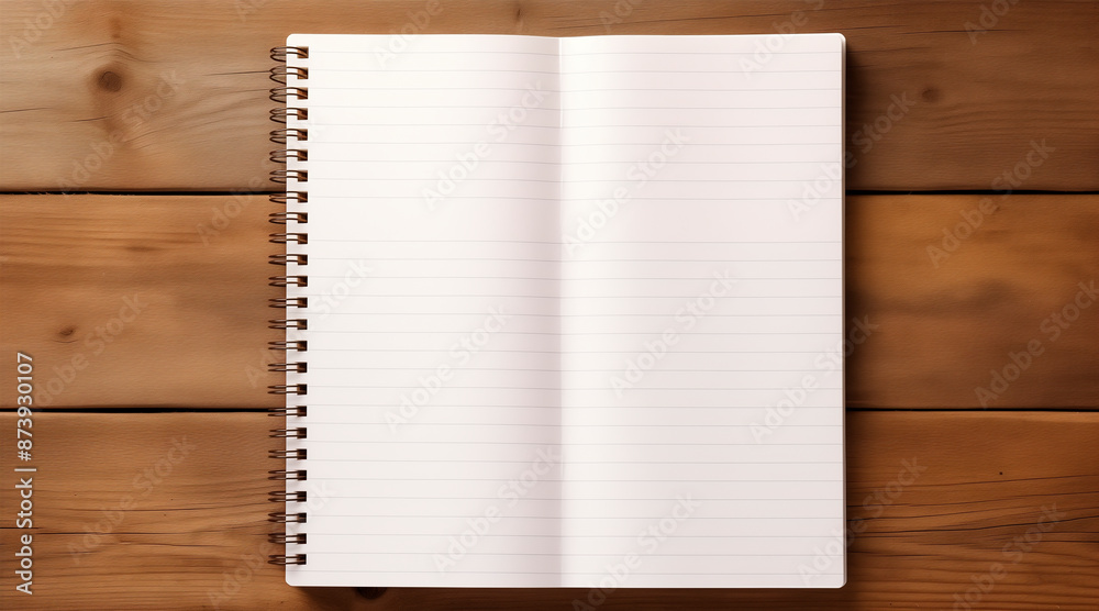 Open notebook with blank pages on wood textured background, top view. Mockup for design Open notebook with blank pages on wood textured background, top view. Mockup for design