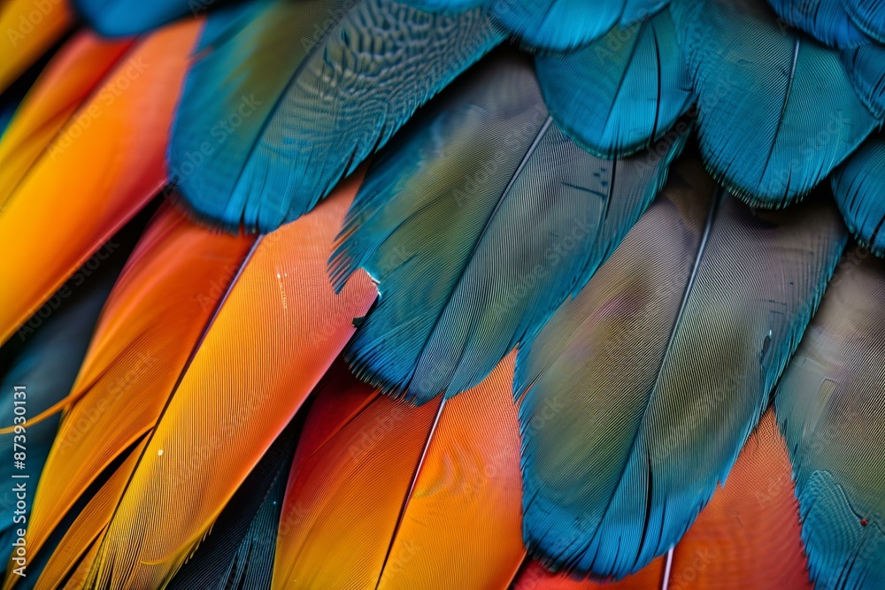 Fototapeta premium Closeup detailed photography of vibrant macaw feathers showcasing the natural beauty and flamboyant colors of this exotic bird's plumage in a tropical wildlife setting