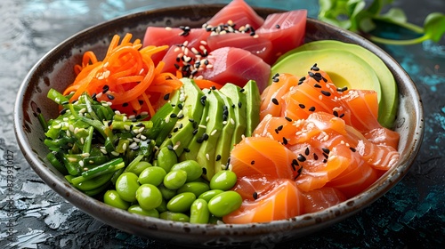 Fresh and Colorful Poke Bowl with Salmon, Tuna, Avocado, and Edamame
