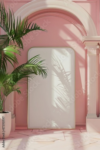 Minimalistic pink room interior with arched wall, columns, and potted palm tree photo