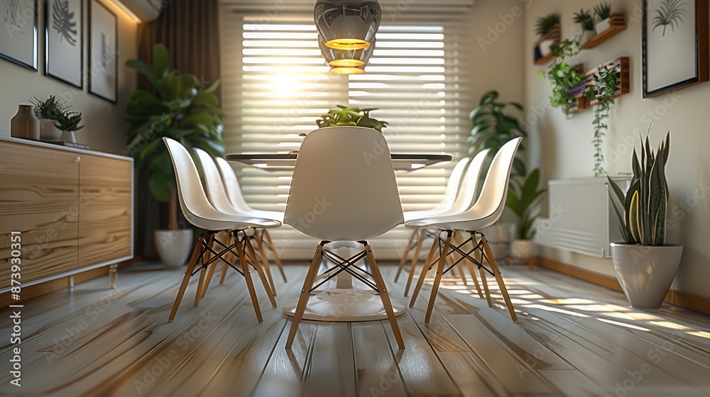 A small and simple office table with white chairs in home. Generative AI. A small and simple office table with white chairs in home. Generative AI.