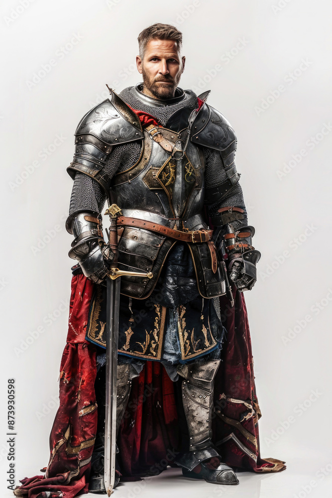 Medieval knight with armor and sword on a white backdrop Medieval knight with armor and sword on a white backdrop
