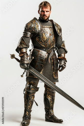 Medieval knight with armor and sword on a white backdrop