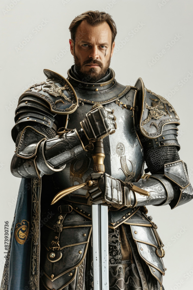 Medieval knight with armor and sword on a white backdrop Medieval knight with armor and sword on a white backdrop