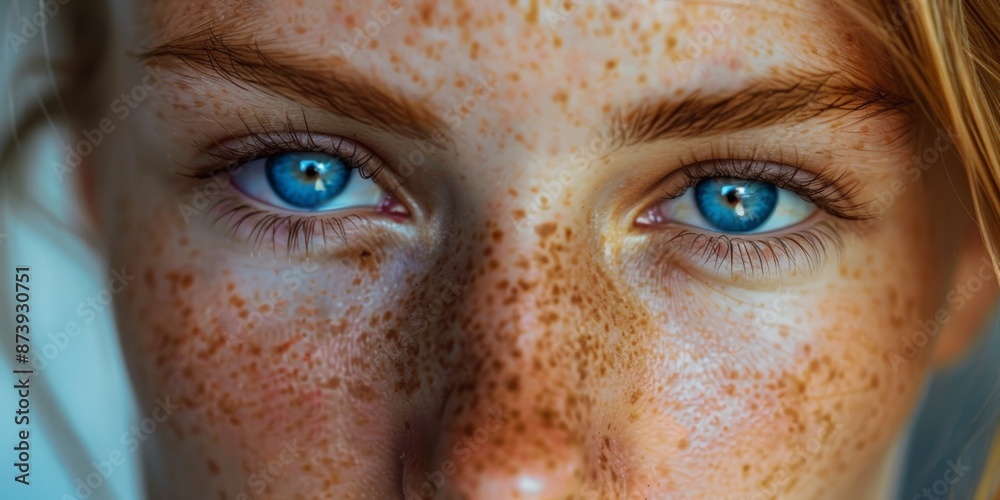 Intense Gaze of Blue-eyed Woman with Natural Freckles Intense Gaze of Blue-eyed Woman with Natural Freckles