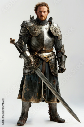 Medieval knight with armor and sword on a white backdrop