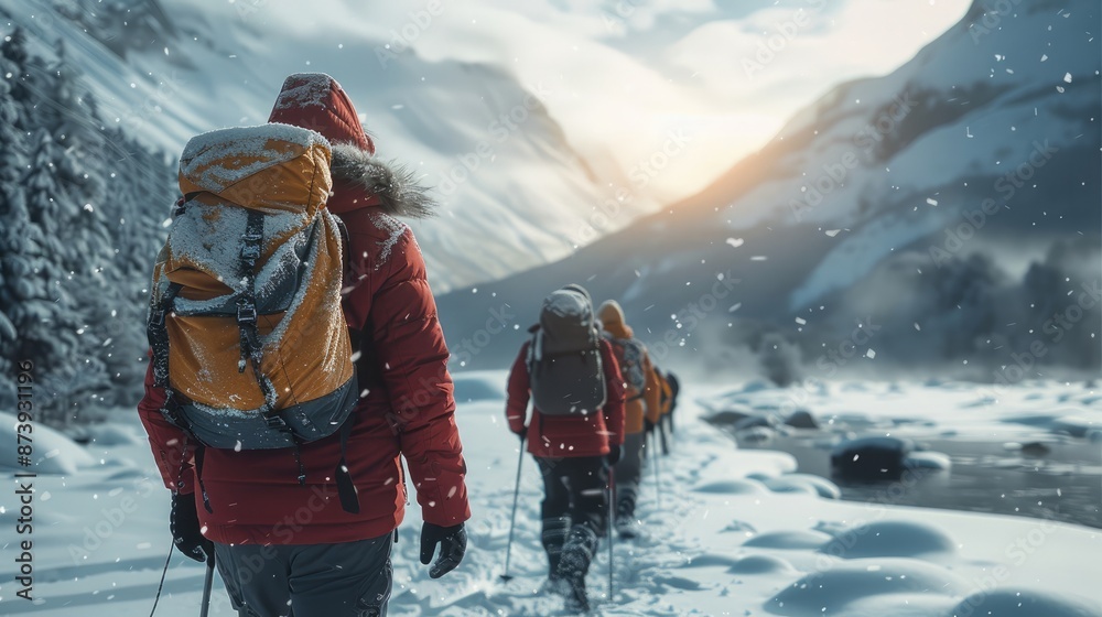Rear view. Group of people in thick snow jackets walking in frozen landscape. Generative AI. Rear view. Group of people in thick snow jackets walking in frozen landscape. Generative AI.