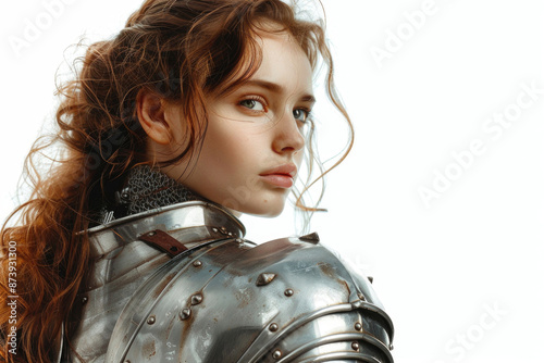 Portrait of a beautiful young medieval lady knight in full armor on a white background photo