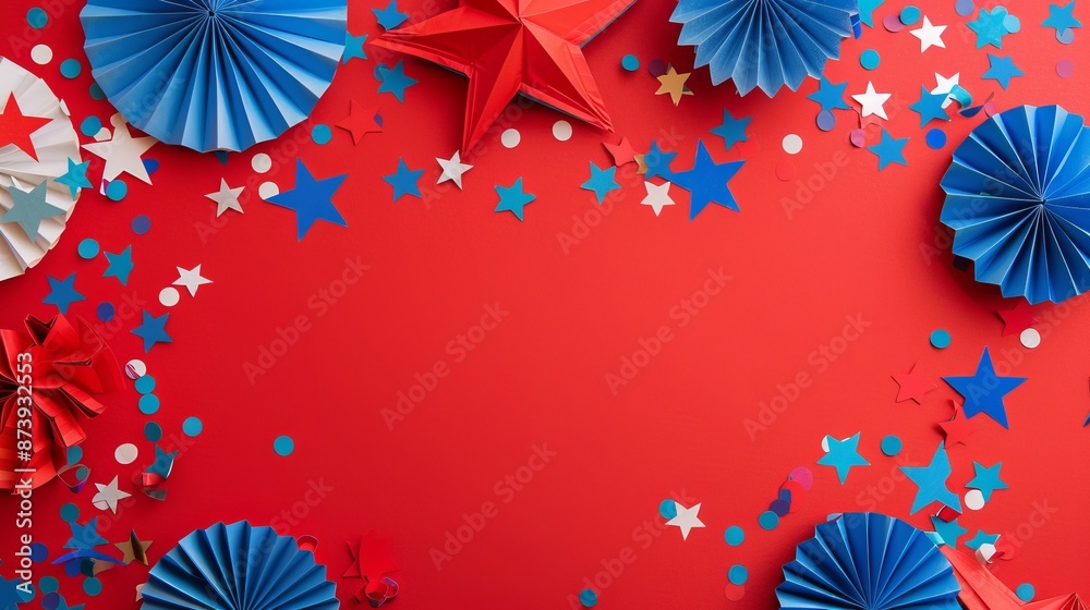 red background with blue and white paper fans, stars, and confetti for the USA holiday red background with blue and white paper fans, stars, and confetti for the USA holiday