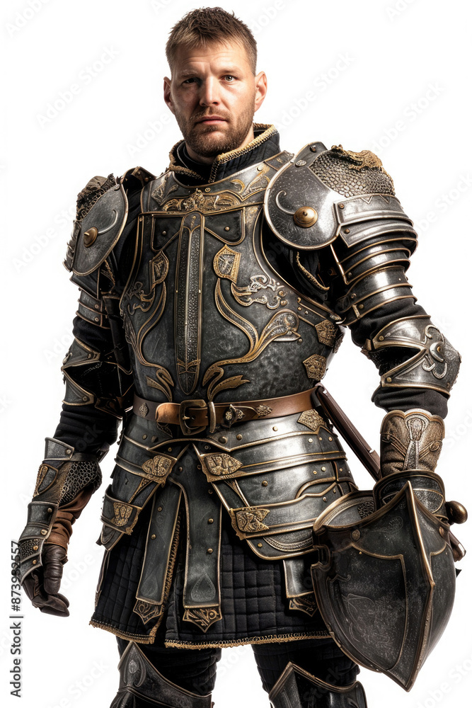 Elegant medieval knight posing confidently against a white backdrop Elegant medieval knight posing confidently against a white backdrop