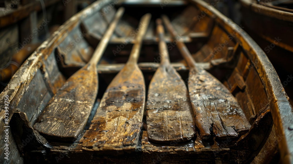 Old wooden rowboat with four worn-out oars. Old wooden rowboat with four worn-out oars.