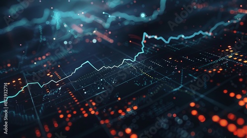 Digital graph displaying stock market trends with rising and falling financial data, perfect for business analysis, financial forecasting, investment strategies, and trading insights in a modern corpo