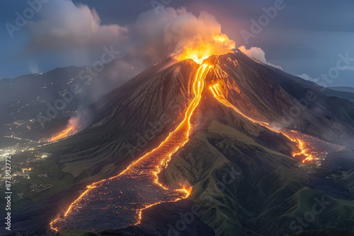 A dramatic scene of an active volcano erupting with flowing lava and billowing smoke at night, illuminating the surrounding landscape. 