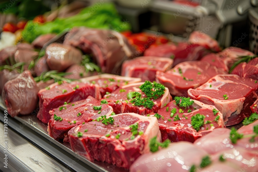 Meat Display. Raw Fresh Veal Selection at Butcher Shop Refrigerated Showcase Meat Display. Raw Fresh Veal Selection at Butcher Shop Refrigerated Showcase