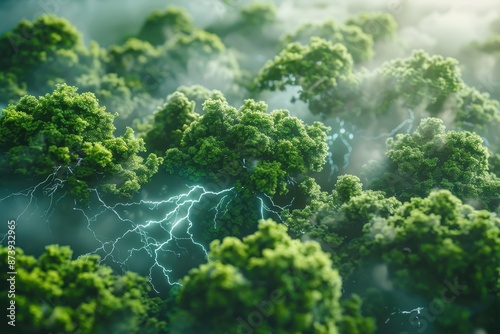 A forest with trees and lightning in the sky