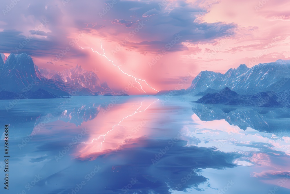 Fototapeta premium A stormy sky with a lightning bolt and a reflection of the sky in the water