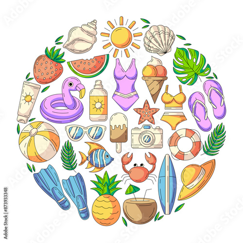 Summer holiday elements in round shape. Square card, colorful beach accessories icons isolated on white. Summertime, season vacation. For poster, flyer, banner, invitation, social media.