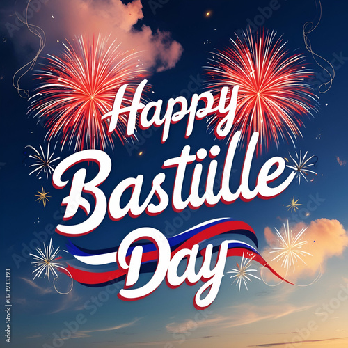 Happy Bastille Day" is written in bold, cursive white and red script, showcasing vibrant, bursting fireworks on each side, set against a deep blue summer evening sky with hues of warm golden light,