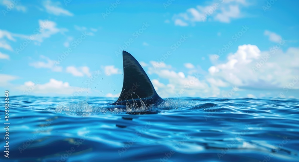 Fototapeta premium Shark Fin In Water. Symbol of Lurking Shark in Ocean Surface, 3D Rendering