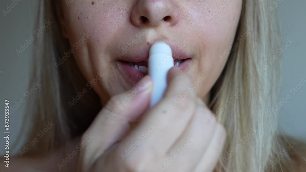 Cropped shot of a young caucasian blonde woman applying a hygienic lipstick on her lips on a light gray background. Moisturizing chapstick for dry lips Cropped shot of a young caucasian blonde woman applying a hygienic lipstick on her lips on a light gray background. Moisturizing chapstick for dry lips