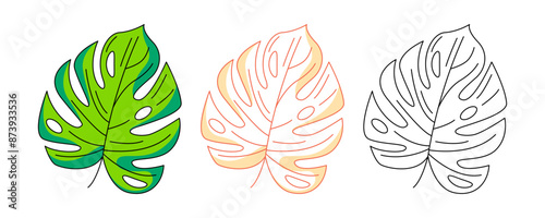 Tropical monstera leaf, jungle plant, colorful and line icons set. Summer vector outline icon, monochrome and color illustration. Holiday and vacation, summertime. For logo, sticker, coloring book