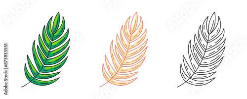 Tropical leaf, exotic jungle plant, colorful and line icons set. Summer vector outline icon, monochrome and color illustration. Holiday and vacation, summertime. For logo, sticker, coloring book