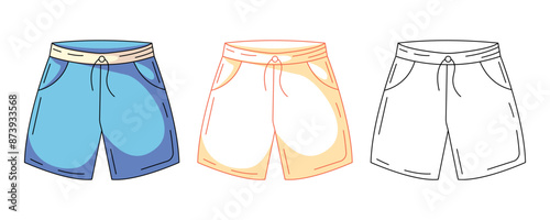 Mens summer beach swimming shorts, colorful and line icons set. Summer vector outline icon, monochrome and color illustration. Holiday and vacation, summertime. For logo, sticker, coloring book
