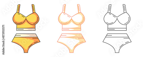 Womens summer beach two piece swimsuit, colorful and line icons set. Summer vector outline icon, monochrome and color illustration. Holiday and vacation, summertime. For logo, sticker, coloring book