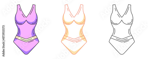 Womens summer beach one piece swimsuit, colorful and line icons set. Summer vector outline icon, monochrome and color illustration. Holiday and vacation, summertime. For logo, sticker, coloring book